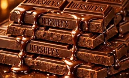 Classic Hershey chocolate bars stacked with rich melted texture