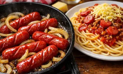 Sizzling red Philippines hot dogs cooking in a pan with Filipino spaghetti in the background.