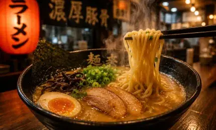 Authentic Japanese ramen bowl with chopsticks lifting steaming noodles