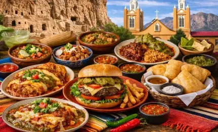 Authentic New Mexico food spread with chile dishes and traditional meals