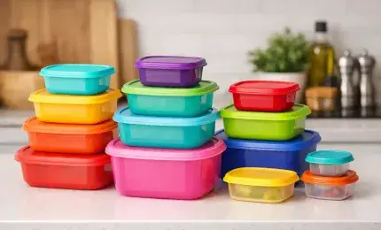 Colorful Tupperware containers neatly stacked on kitchen counter