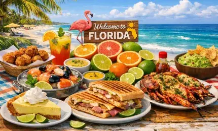 Florida foods displayed on a beach table with ocean view