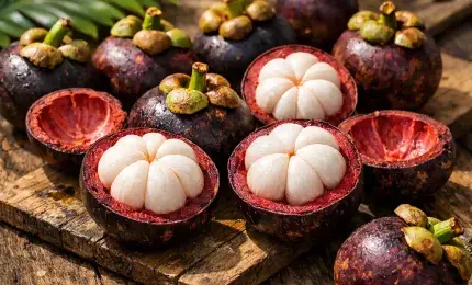 Fresh Purple Mangosteens Opened to Reveal Juicy White Segments on a Tropical Table