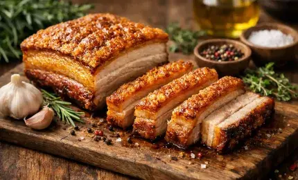 Golden crispy pork belly served with herbs on a rustic wooden table
