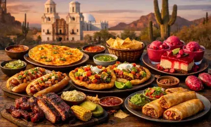 Iconic Arizona foods including Sonoran hot dogs, Navajo tacos, prickly pear desserts, mesquite barbecue, cheese crisps, and chimichangas