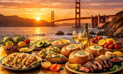 Iconic California foods served together at a coastal outdoor table