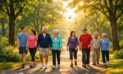 People enjoying a healthy morning walk in a beautiful park