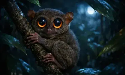 Philippine tarsier with giant glowing eyes in the rainforest at night