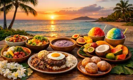 Traditional Hawaiian foods served beside a beautiful beach in Hawaii
