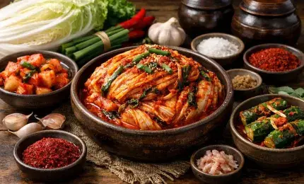 Traditional Korean Kimchi and Fresh Ingredients on a Korean Dining Table