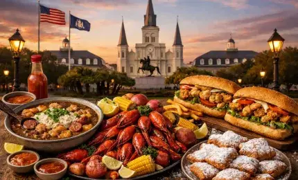 Traditional Louisiana feast featuring gumbo, crawfish, po boys, and beignets on a rustic Cajun table