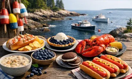 Traditional Maine foods overlooking the scenic Atlantic coast