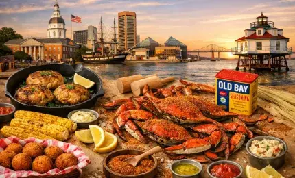 Traditional Maryland seafood feast with blue crabs and crab cakes