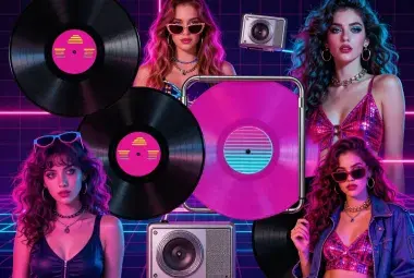 collage of 1980s pop culture icons with neon colors and bold fashion