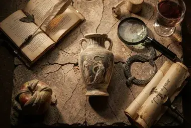 A Greek vase, serpent symbol, magnifying glass, and ancient scroll, symbolizing the exploration of ancient sex myths and their surprising truths.