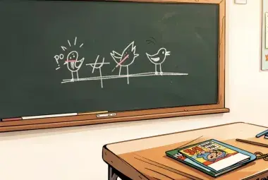 A classroom blackboard with a simple drawing of three birds on a fence, one with a puff of smoke, suggesting it's gone