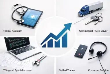 A collage of a stethoscope, model truck, laptop, hammer, and headset, symbolizing the variety of in-demand U.S. careers without a degree.