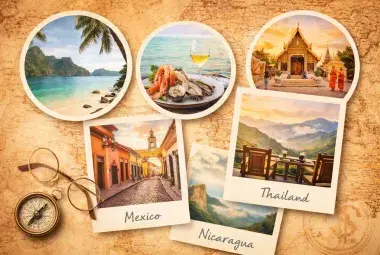 A collage of serene beach, colonial street, fresh seafood, and temple scenes on a map, symbolizing affordable and enriching global retirement destinations.
