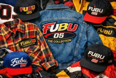 A colorful collage of vintage FUBU clothing pieces including a plaid shirt, a denim jacket with the iconic logo, and snapback hats from the 1990s era.