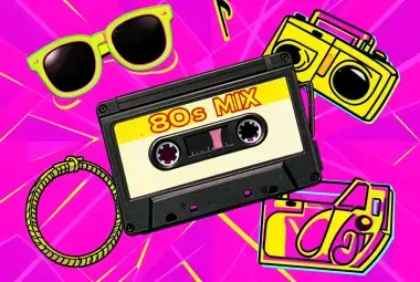 A colorful retro collage with a cassette tape labeled '80s MIX' surrounded by neon sunglasses, a boom box outline, and musical notes on a geometric neon background