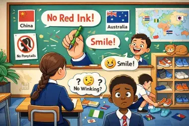 A colorful, cartoonish classroom scene with a student with a low braid, a teacher with a green pen, a smiling student, and indoor shoes, symbolizing strange school rules worldwide.