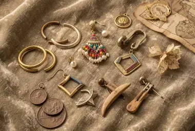 A diverse collection of earrings from different eras and cultures arranged on velvet, symbolizing their rich history, symbolism, and enduring appeal.