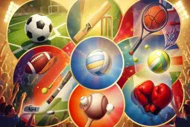 A dynamic collage of symbols for soccer, cricket, basketball, tennis, and more, representing the world's most popular sports and their global fans.