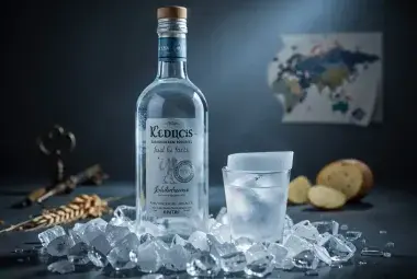 A frosty vodka bottle and glass on ice, with antique key and grains nearby, symbolizing the spirit's pure elegance and rich, hidden history.