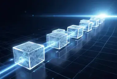 A glowing, interconnected chain of transparent digital blocks in a dark space, symbolizing blockchain technology's security and future potential.