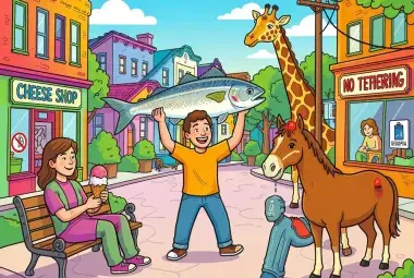 A humorous collage of a person dancing with a fish, a horse with a tail light, and a giraffe by a pole, symbolizing strange U.S. laws.