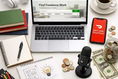 A laptop, smartphone, notebook, and coffee on a desk, symbolizing the variety of flexible and reliable side hustles in the U.S.