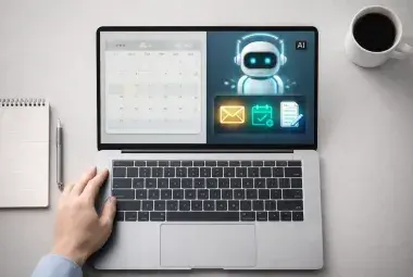 A person's hand on a laptop displaying an AI interface with icons for email, calendar, and reports, symbolizing the human-AI partnership in modern work.