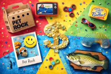 A playful flat lay of a Pet Rock, Snuggie, Doggles, Smiley Face, and Slinky around a pile of cash, symbolizing silly ideas that made millions.