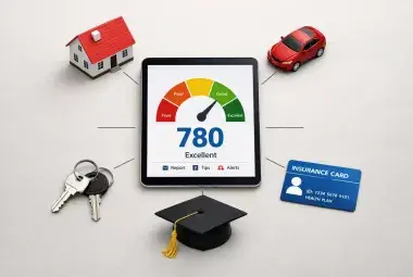 A smartphone displaying a high credit score surrounded by a toy house, car, and graduation cap, symbolizing its role as a gateway to financial opportunities.
