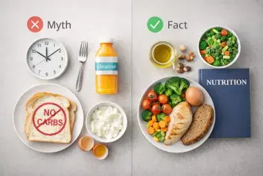 A split flat lay contrasting diet myth symbols with evidence-based foods, symbolizing the debunking of common nutrition lies with science.