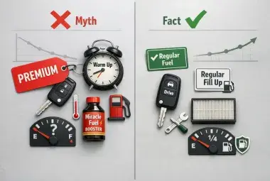 A split flat lay contrasting myth symbols like a "Premium" tag and a warm-up clock with fact icons like a regular fuel checkmark, symbolizing debunked gasoline myths.