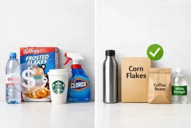 A split flat lay contrasting overpriced brand-name items with their economical alternatives, symbolizing smart shopping and avoiding hidden costs.