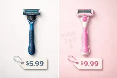 A split-image comparing a men's razor with a lower price tag to a women's razor with a higher price tag, symbolizing the gender pricing gap.