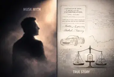 A split-image contrasting a lone figure with a collage of documents, chassis drawing, and circuit board, symbolizing the true, collaborative creation story of Tesla.