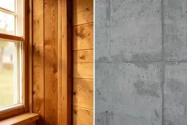 A split-image contrasting a warm, wooden house wall with a stark concrete wall, symbolizing the cultural and practical preference for wood in U.S. homes.