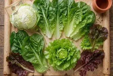 A vibrant array of diverse lettuce varieties arranged on wood with an ancient Egyptian motif, symbolizing its rich history and global journey.