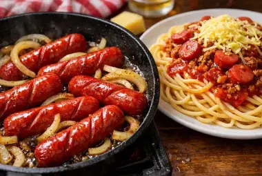 Sizzling red Philippines hot dogs cooking in a pan with Filipino spaghetti in the background.