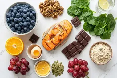 A vibrant flat lay of blueberries, salmon, walnuts, leafy greens, dark chocolate, and oats, symbolizing delicious superfoods for memory and focus.
