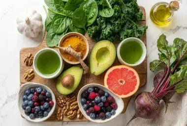 A vibrant flat lay of garlic, leafy greens, turmeric, avocado, walnuts, grapefruit, berries, beet, and olive oil, symbolizing delicious foods for natural liver health.