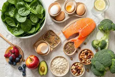 A vibrant flat lay of leafy greens, salmon, eggs, beans, apple, avocado, berries, and nuts, symbolizing nourishing foods for natural weight loss.