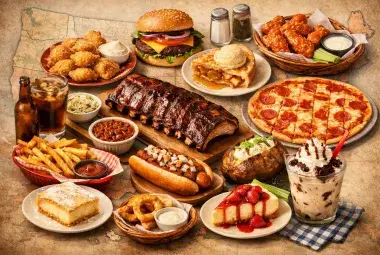 Iconic foods from across the United States arranged over a map
