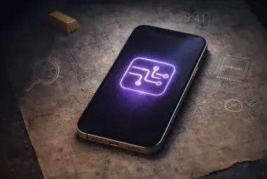 An iPhone on a schematic blueprint with a glowing purple graphic, a gold bar, and a 9:41 clock, symbolizing its secret history and surprising facts.