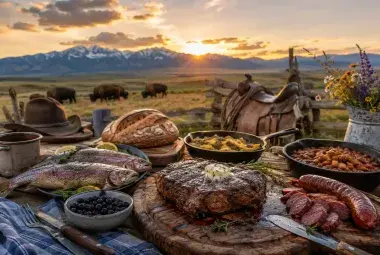 Traditional Wyoming foods served on a rustic ranch table