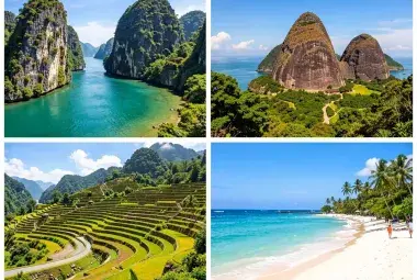 Collage of iconic Philippine destinations including Palawan cliffs, Chocolate Hills, Banaue Rice Terraces, and a white sand beach
