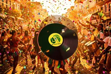 Colorful Brazilian carnival scene with confetti and drums, Pet Shop Boys logo on a vinyl in foreground